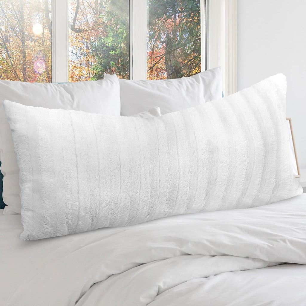 Cheer Collection Faux Fur Long Body Pillow - Accent Throw Pillow for Bed and Couch - Decorative Lumbar Pillow with Insert, White (18" x 40")