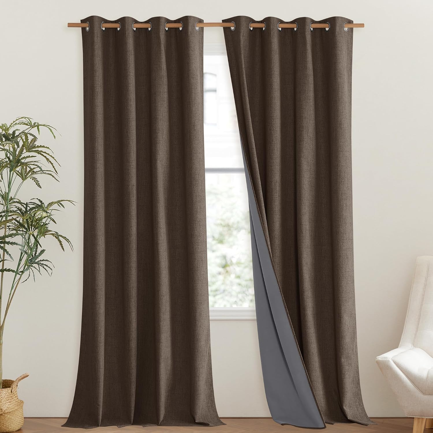 NICETOWN Coffee Vintage Linen 100% Blackout Curtains for Living Room, Thermal Insulated Curtains 108" Long, Noise Reducing Window…