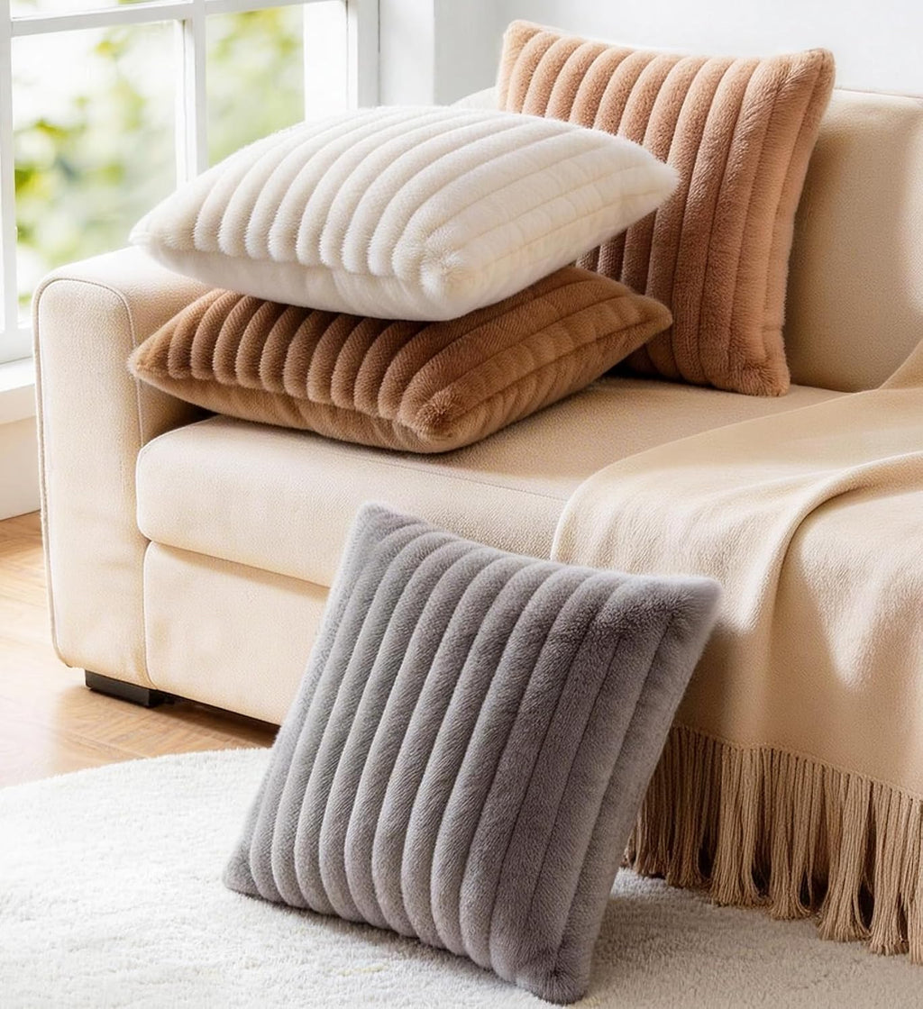 MEGAYES Pack of 2 Throw Pillow Covers 20x12 Decorative Solid Plush Faux Fur with Soft Velvet Back, Square Striped Cushion Cases Mode…