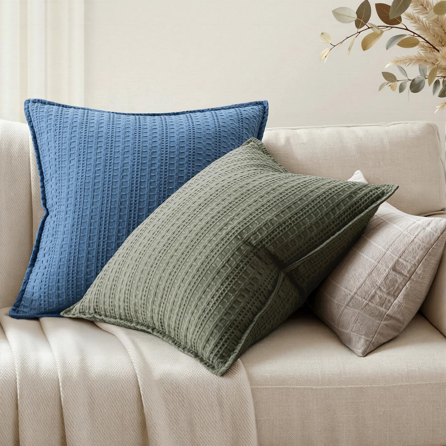 Set of 2 Decorative 100% Cotton Waffle Throw Pillow Covers 20x20, Neutral Euro Shams Weave European Cushion Cases for Couch Sofa Bed…