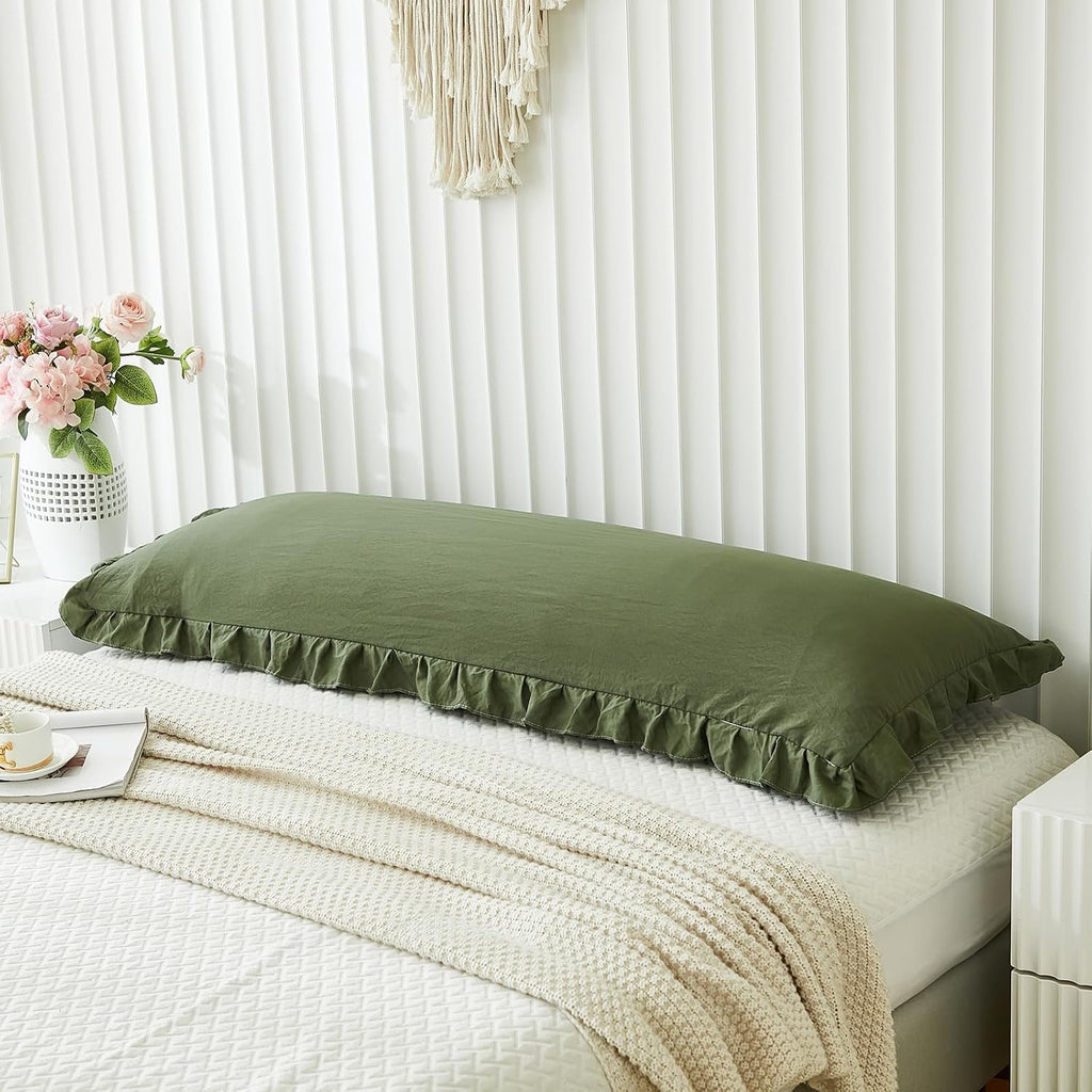 Merryword Shabby Chic Olive Green Body Pillow Cover - 20x54in Long Pillowcase with Ruffled Fringe Decor Green