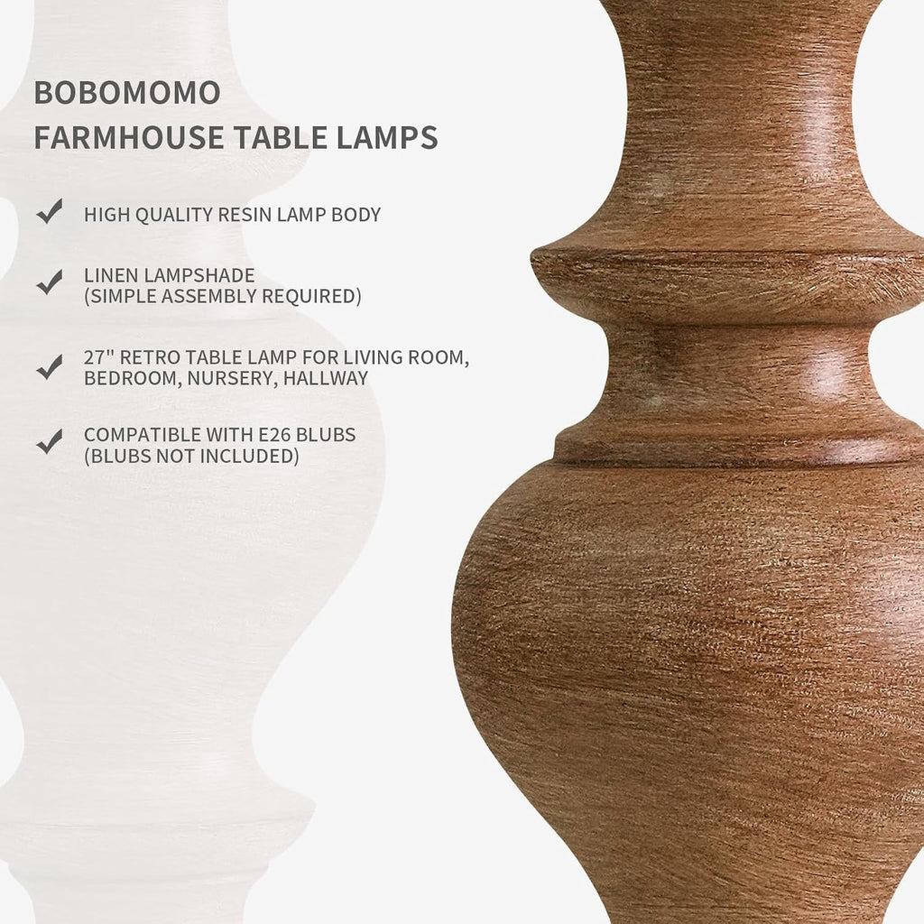 BOBOMOMO 27" Light Brown Table Lamps Set of 2, Large Farmhouse Resin Lamps with Linen Shades, Rustic Vintage Lamps for Living Room…