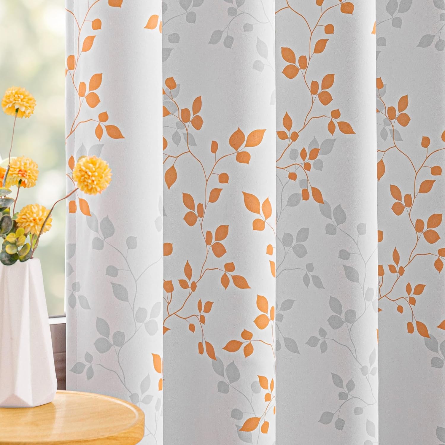 Meetsky 95% Blackout Curtains for Bedroom - Orange Curtains 63 inch Length Leaf Patterned for Living Room, Thermal Insulated Nursery Drapes…