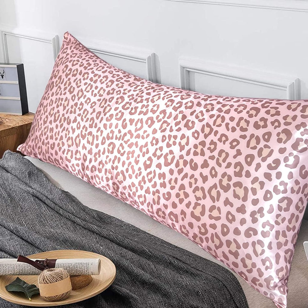 Lcbd Satin Body Pillow Case for Hair and Skin, Pink Leopard Printed Silk Satin Body Pillowcase Cover, 20x54 Cheetah Print Body Cooling Pill…
