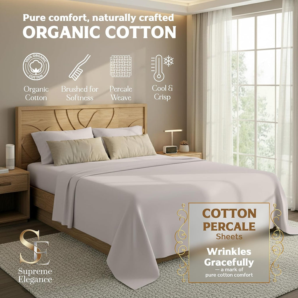 SupremeElegence SUPREME ELEGANCE 100% Organic Cotton Queen Sheet Set (4 Pieces) - Percale - Crisp, Breathable & Cooling Sheets for Hot Slee…