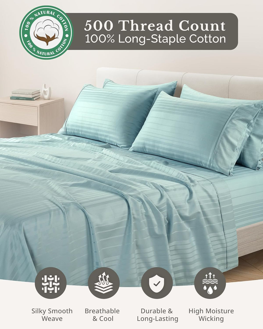 Casa Platino 100% Cotton Sheets King Size Set - 6 Pcs (1 Flat, 1 Fitted, 4 Pillowcases) - Striped 500 TC - Ultra Smooth Sateen Weave Bed…