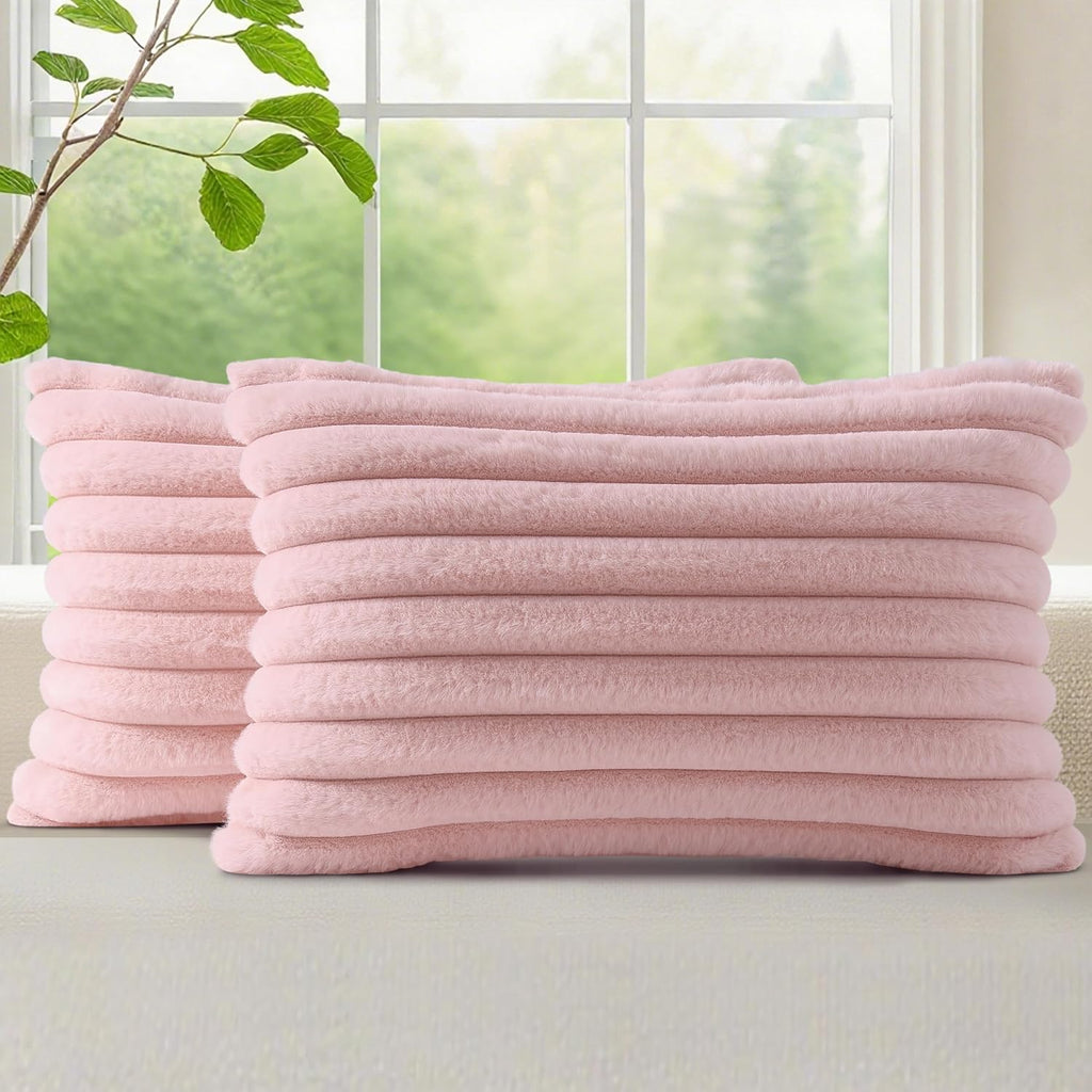 decorUhome Summer Cozy Faux Fur Throw Pillow Covers 12x20 Set of 2 Decorative Soft Plush Striped Lumbar Modern Farmhouse Boho Couch Pillow…