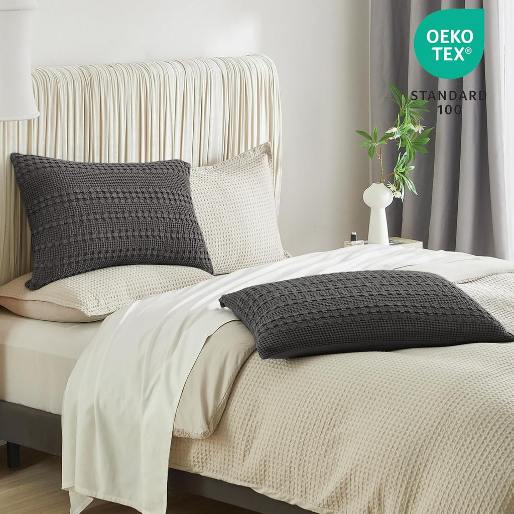 Phf 100% Cotton Waffle Pillow Shams King Size, 2 Pack 20" x 36" Soft Skin-Friendly Pillowcases, No Filling, Aesthetic Woven and Breathable…