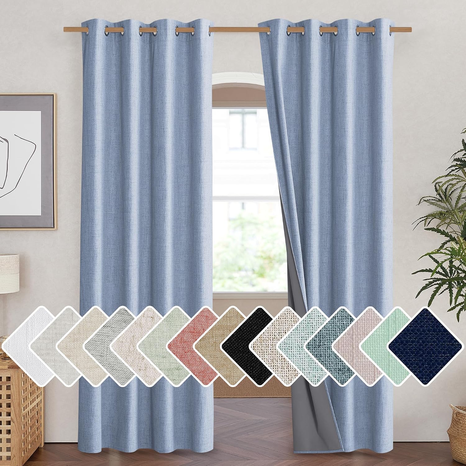 NICETOWN Stone Blue Vintage Linen 100% Blackout Curtains for Living Room, Thermal Insulated Curtains 90" Long, Noise Reducing Window…
