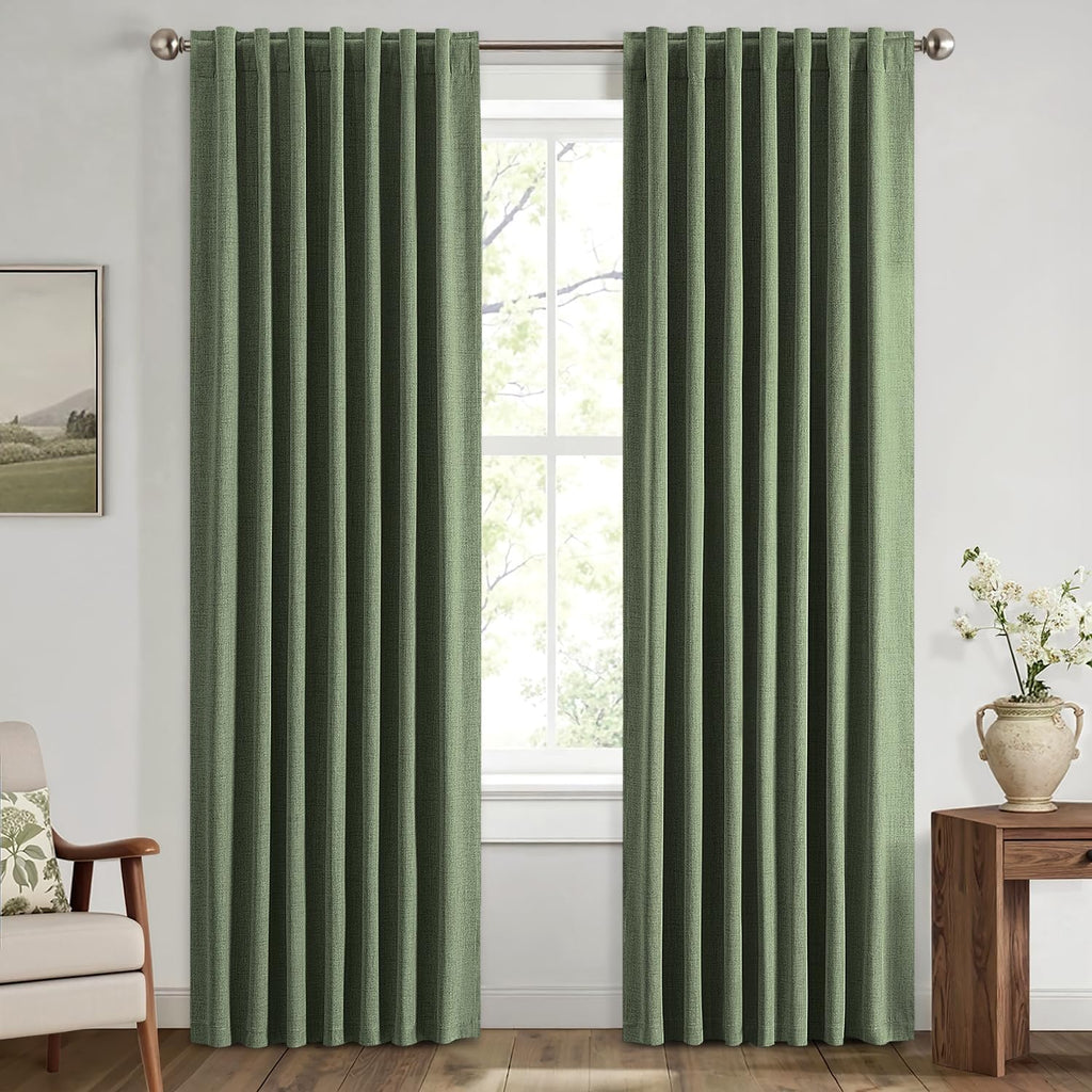Miulee 100% Blackout Linen Curtains for Bedroom, Olive Green Solid Luxury Decor Thermal Insulation Room Darkening Drapes for Living Room Nu…