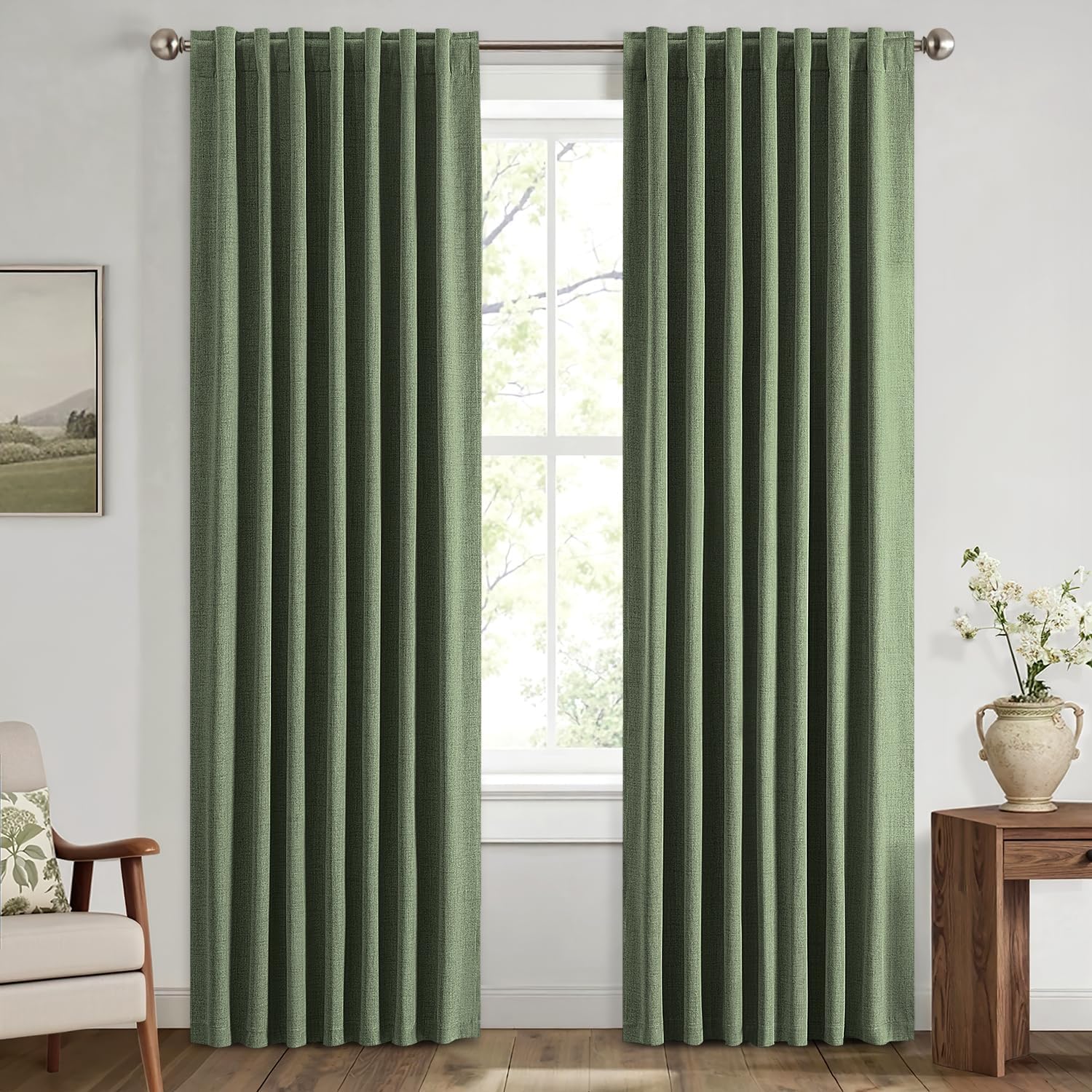 Miulee 100% Blackout Linen Curtains for Bedroom, Olive Green Solid Luxury Decor Thermal Insulation Room Darkening Drapes for Living Room Nu…