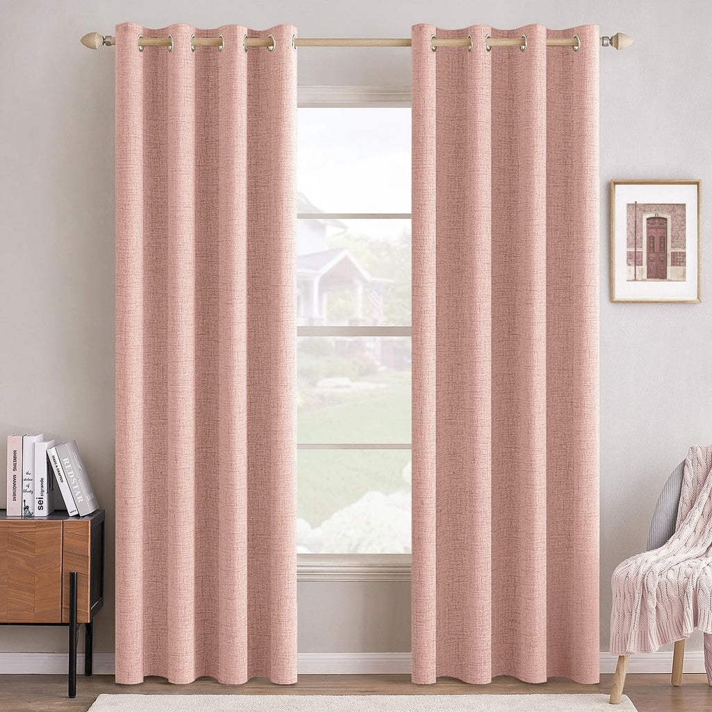 Miulee Linen Curtains for Bedroom 100% Blackout Thermal Insulated Blush Pink Grommet Room Darkening Curtains & Drapes for Living Room Nurse…