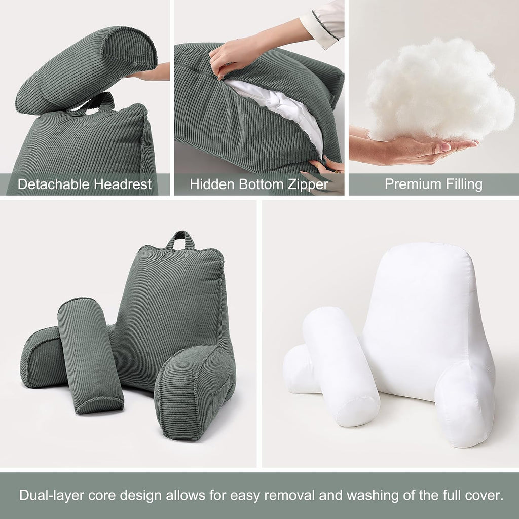 Ailuteie Sit Up Reading Pillow, Backrest Pillow with Arms, Corduroy Back Support Cushion with Side Pockets & Washable Cover, Bed Rest Suppo…