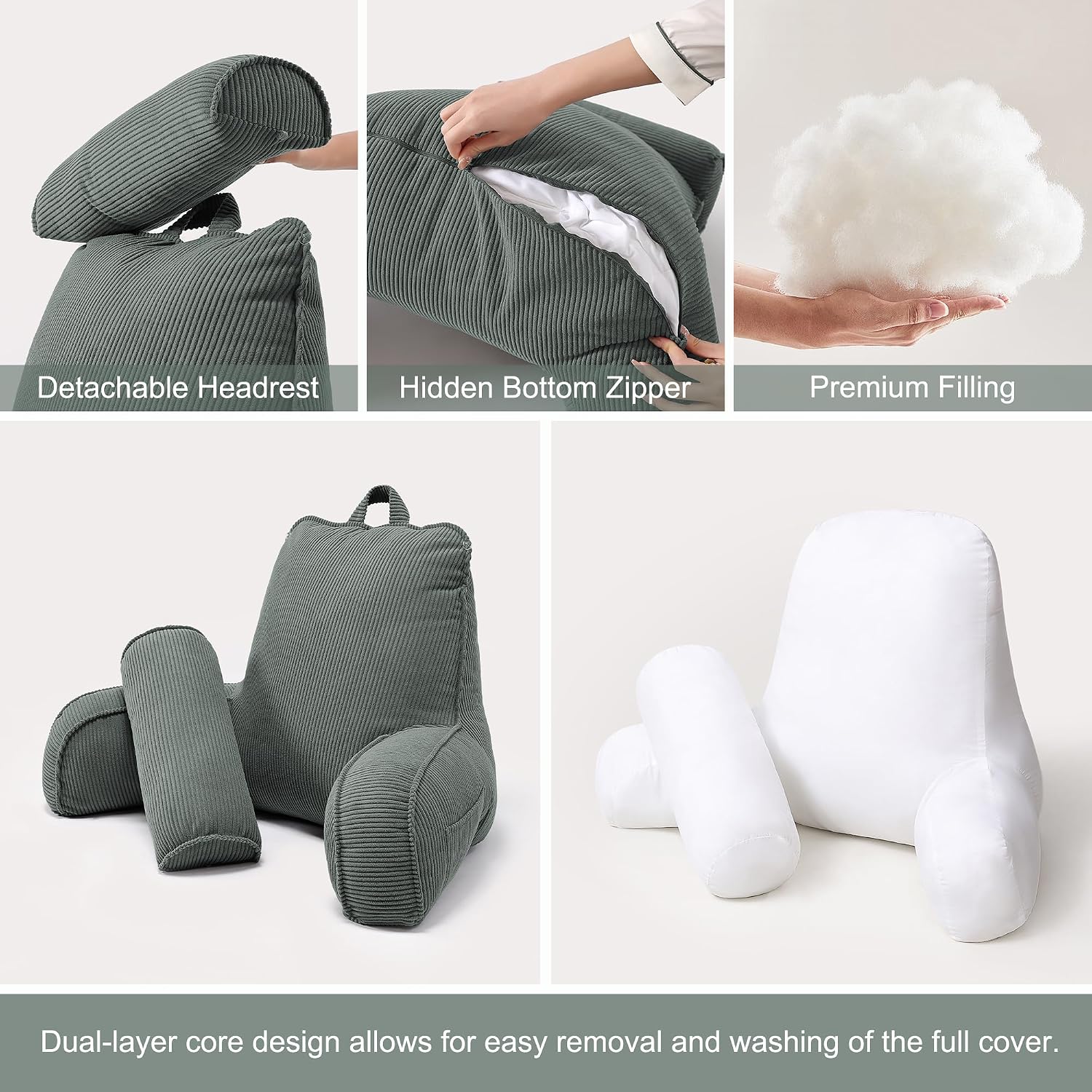 Ailuteie Sit Up Reading Pillow, Backrest Pillow with Arms, Corduroy Back Support Cushion with Side Pockets & Washable Cover, Bed Rest Suppo…
