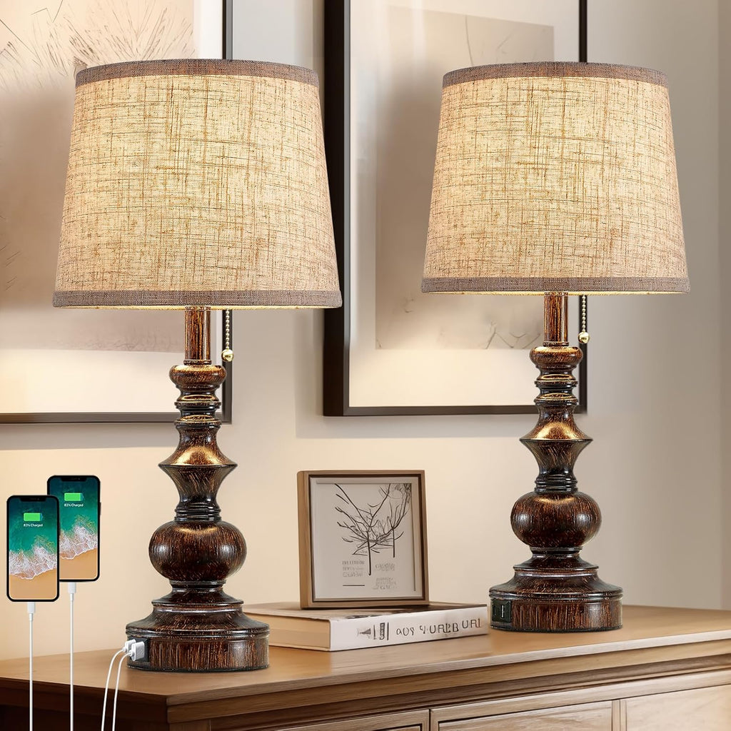 Drawealth 22'' Farmhouse Bedside Table Lamps Set of 2 for Bedroom Nightstand Lamps with USB A+C Charging Ports Traditional Small Table…