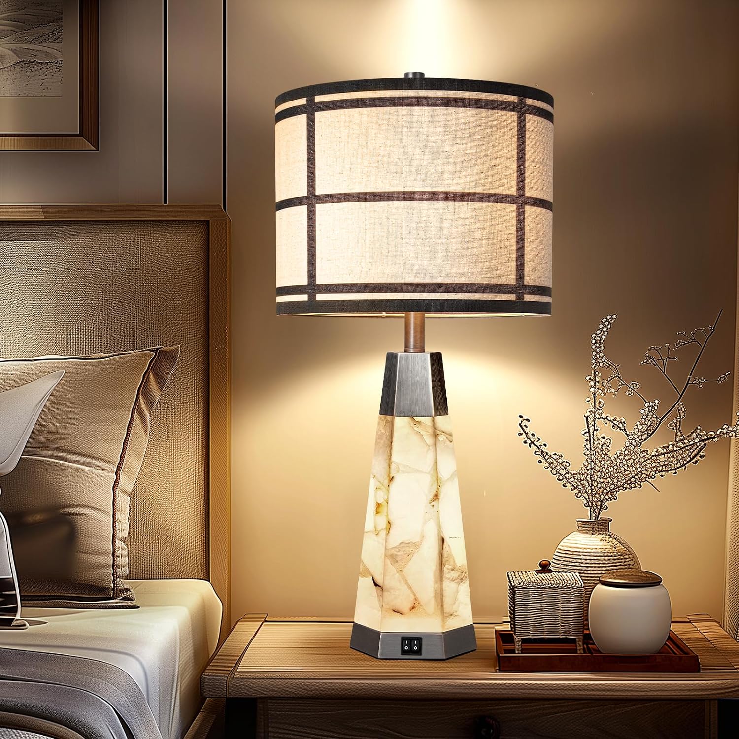 KIVDITZO 27" Alabaster Table Lamps for Living Room, Bedroom Lamps Set of 2 with Night Light, Living Room Lamps with USB A+C Ports, Table…