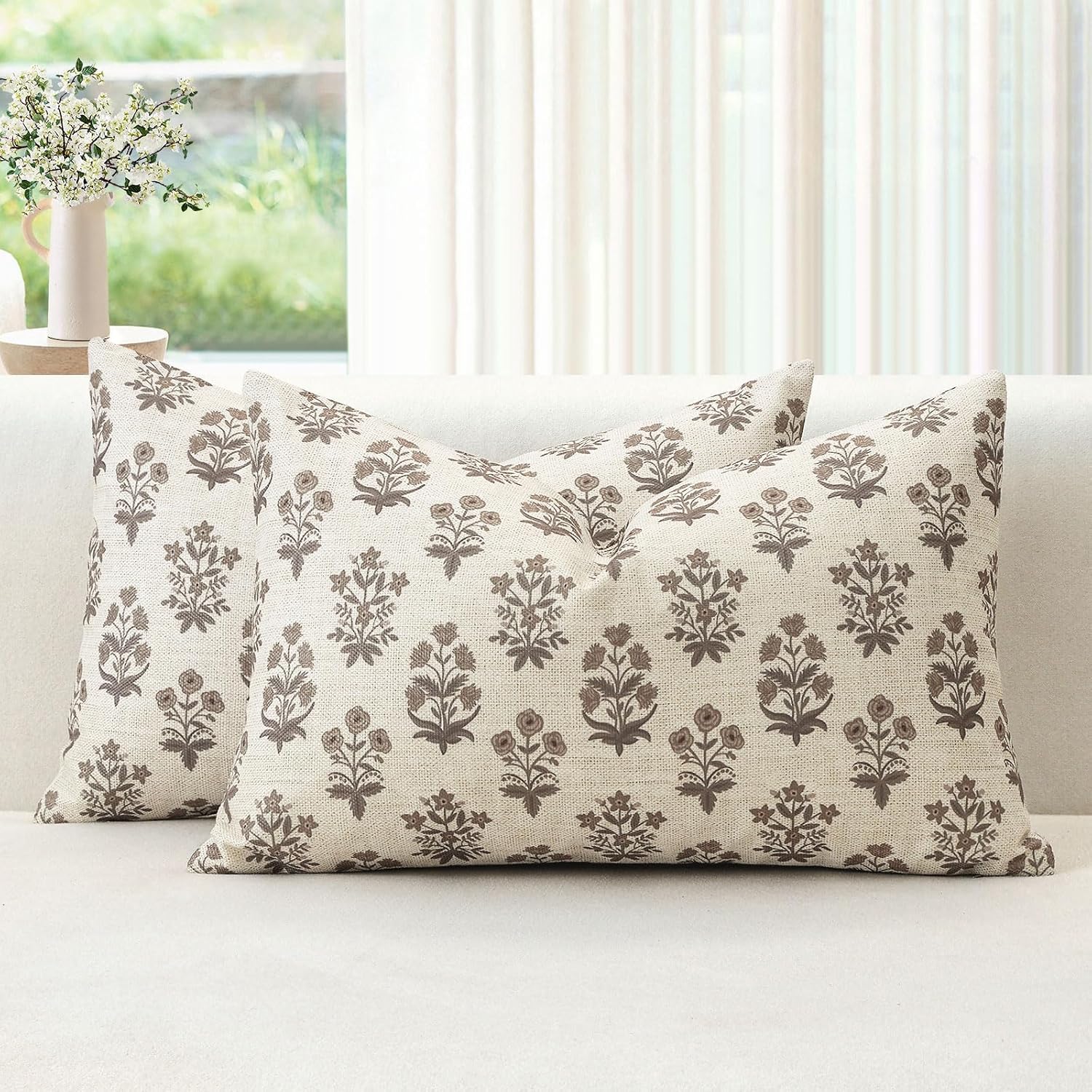 OTOSTAR Floral Print Pillow Covers 16x24 Inch Pack of 2 Double-Sided Brown Flower Lumbar Throw Pillow Covers Farmhouse Rustic Cushion…