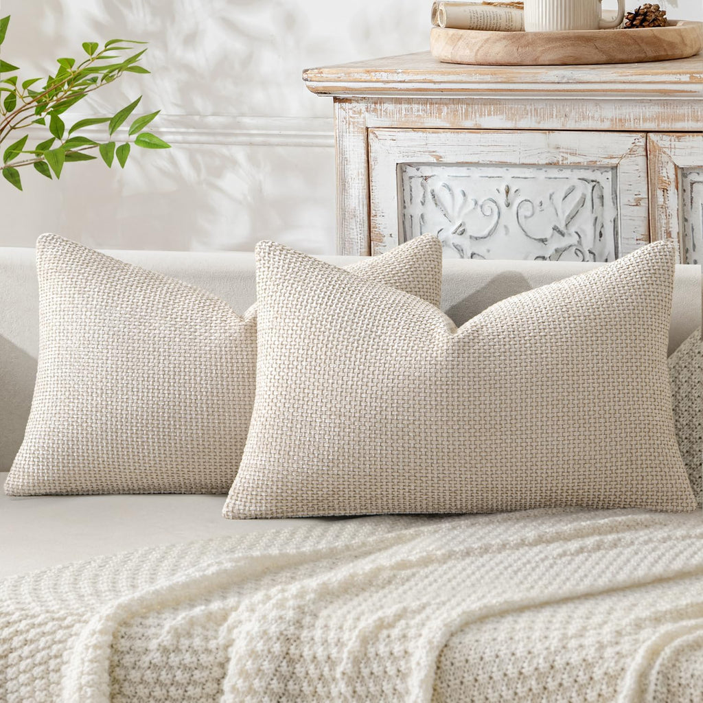 Miulee Pack of 2 Lumbar Couch Throw Pillow Covers 20x12 Inch Neutral Beige Modern Boho Accent Decorative Pillow Covers Soft Chenille Farmho…