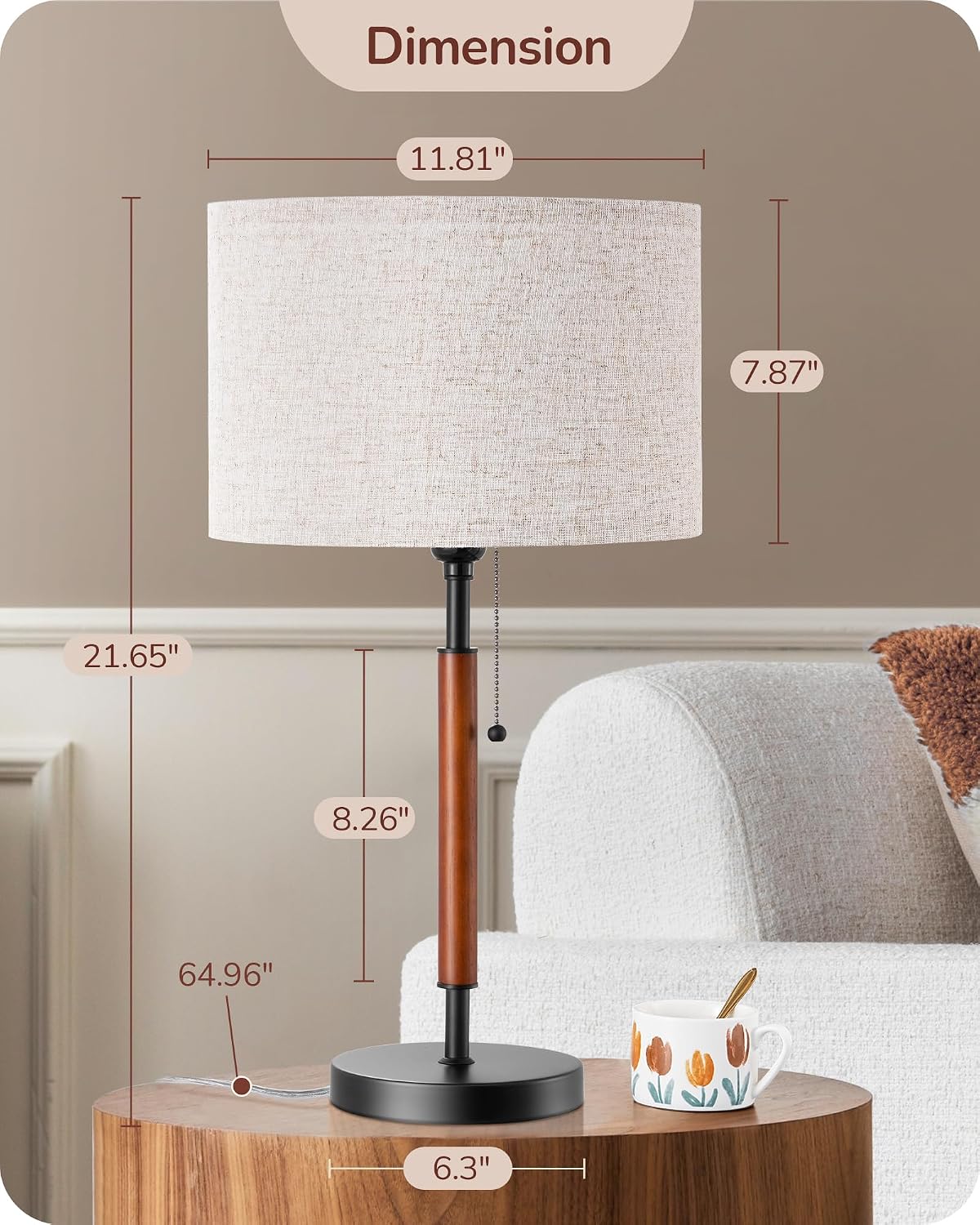 EDISHINE Mid Century Table Lamp Set of 2, Pull Chain Switch Bedside Lamp, Linen Shade, Solid Wood Pole & Black Metal Base, Modern…