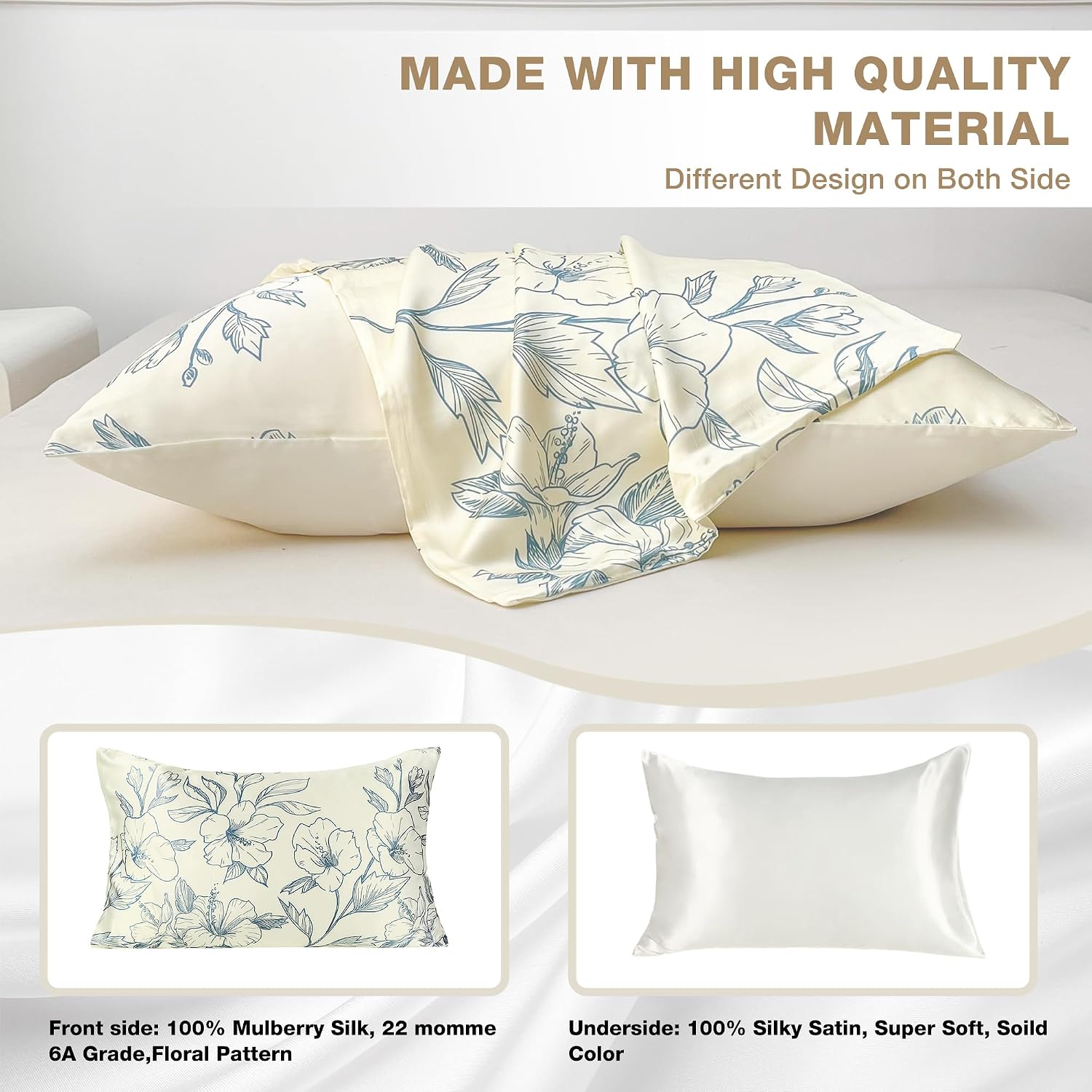 MANSPHIL King Size Silk Pillow Cases - Blue Floral Printed 22 Momme Mulberry Silk Top with Satin Underside Pillowcase for Hair and Skin…