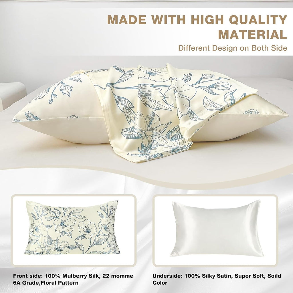 MANSPHIL Blue Floral Silk Pillow Cases Queen Size - Printed 22 Momme Mulberry Silk Top with Satin Underside Pillowcase for Hair and Skin…