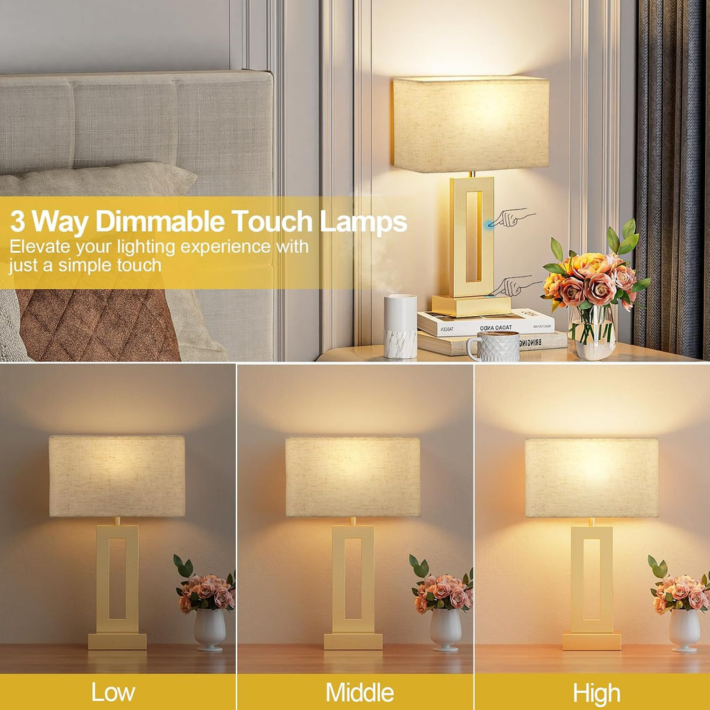 Seealle Bedroom Table Lamps Set of 2 - Beige Gold Touch Bedside Lamps with USB C+A, 3 Way Dimmable Gold Lamp for Nightstand, Modern Night…
