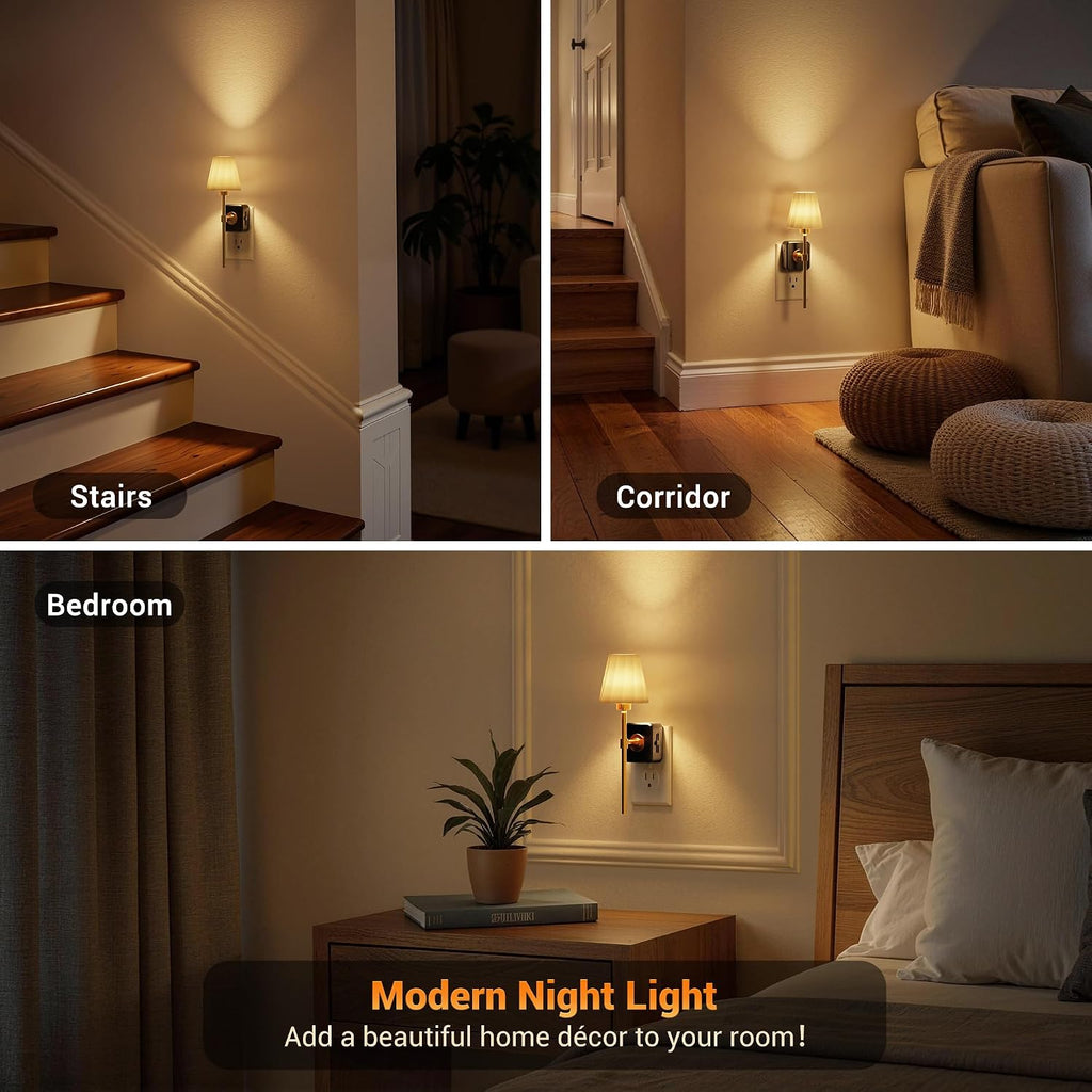 JandCase Night Lights Plug into Wall, Vintage Nightlight with Dusk to Dawn Sensor, 0-100LM Dimmable, Pleated Fabric Beige Lamp for Living…