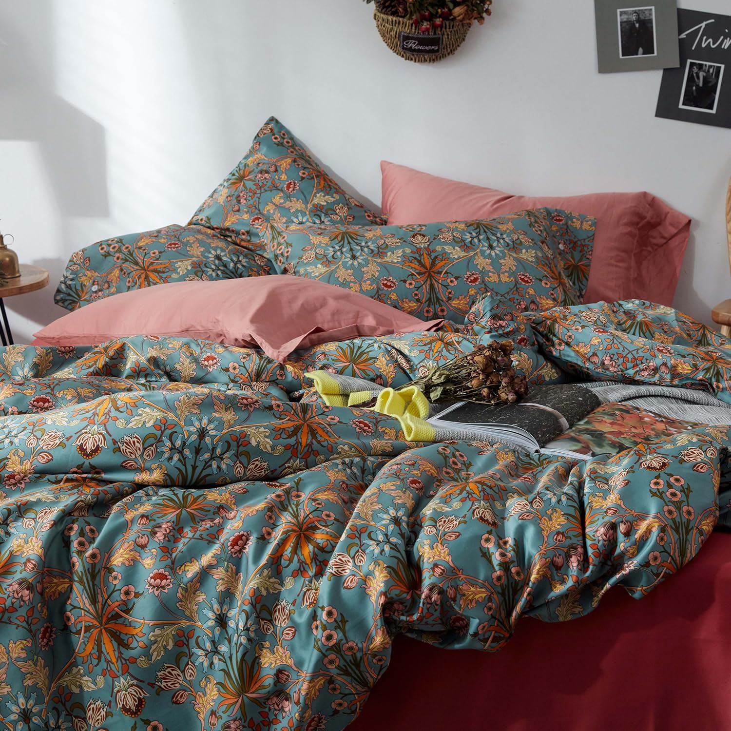 mixinni Vintage Style Garden Flower Duvet Cover Set with Zipper Closure Long Staple Percale Cotton Yellow Vibrant Pattern on Bedding Quilt…