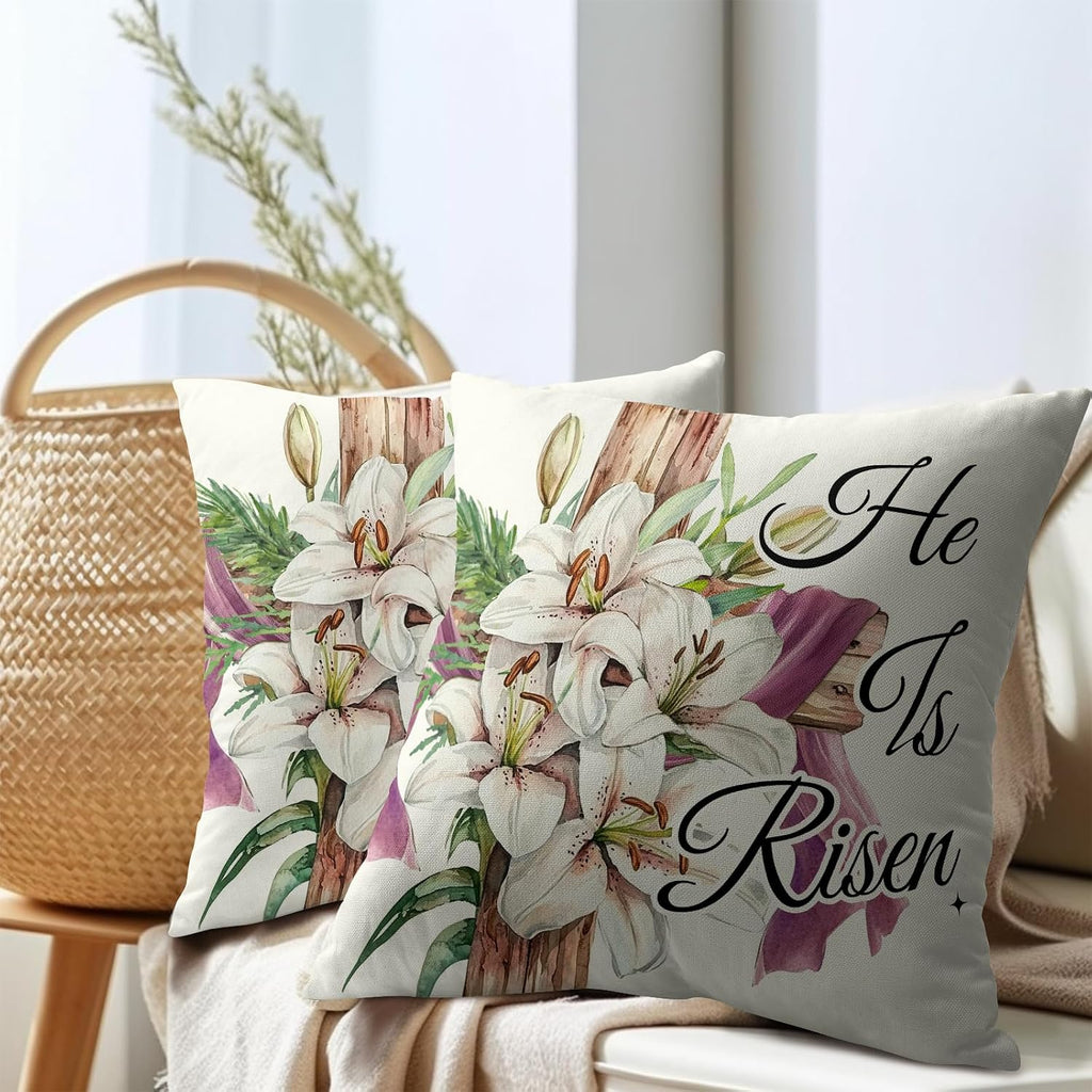Easter Throw Pillow Covers 24x24 Inch Set of 2 He is Risen Cushion Case Spring Lily Flower Cotton Linen Square Pillowcases Happy Easter…