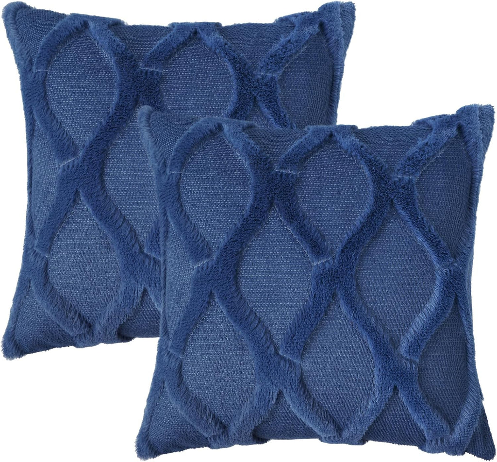 decorUhome Summer Throw Pillow Covers 16x16 Inch Set of 2, Soft Plush Faux Fur Wool Dark Blue Accent Couch Pillow Covers for Modern Farmhou…