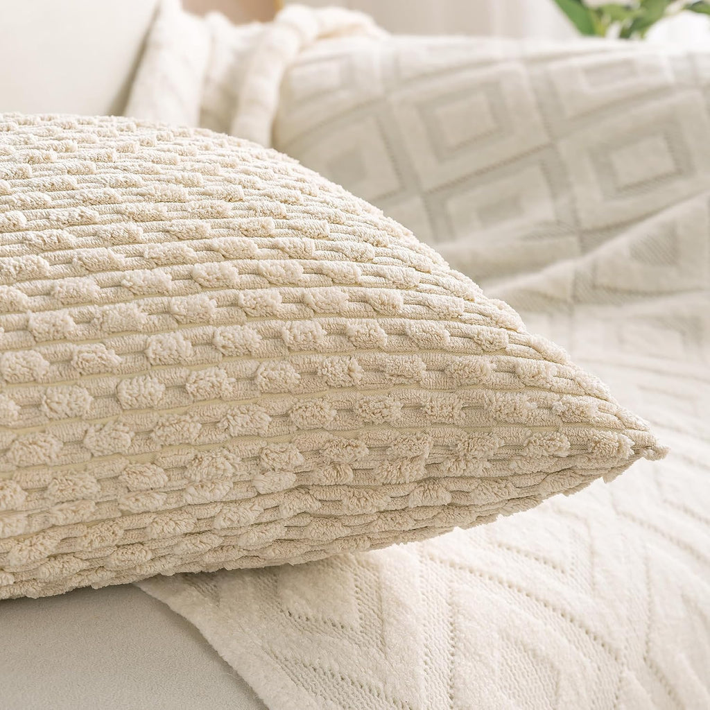 Cozoomy Set of 4 Beige Decorative Throw Pillow Covers 18x18 Inch Corduroy Pillow Covers for Bed Couch Sofa Living Room Soft Square Cushion…