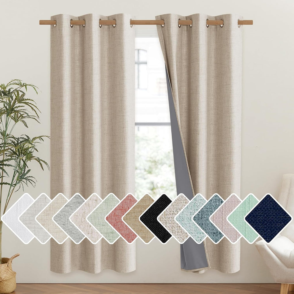 NICETOWN Cream 100% Blackout Linen Curtains 72 inch Long Burg for Classroom, 1 Pair, 42" Width Each Panel, Farmhouse Thick Completely…
