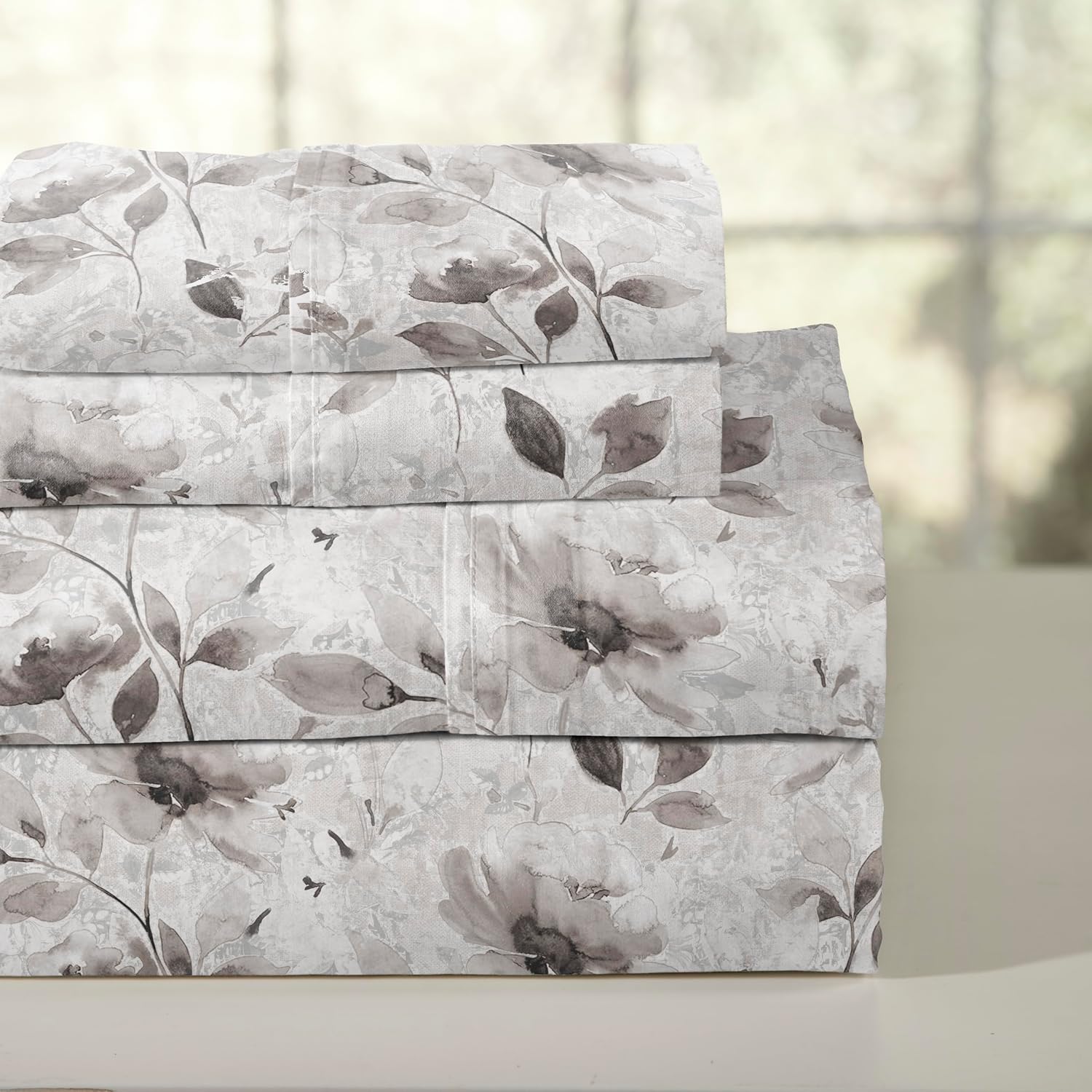 Pointehaven Night Garden Printed Cotton Percale 4 pc Sheet Set, King