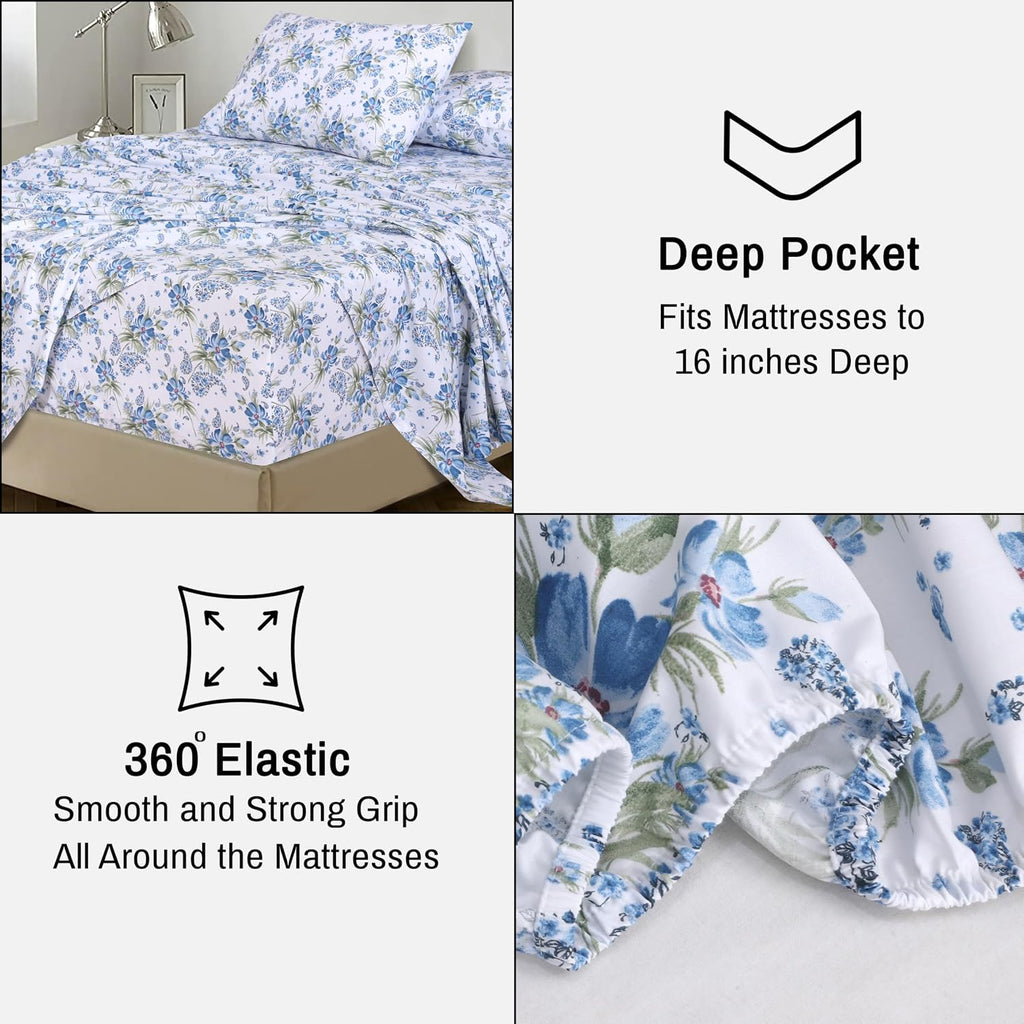 Ruvanti 100% Cotton Sheets Queen Size Set, 4 Pieces, Soft & Breathable Percale Weave Bedding, Deep Pocket 16", Hotel Standard, Crisp Cool F…