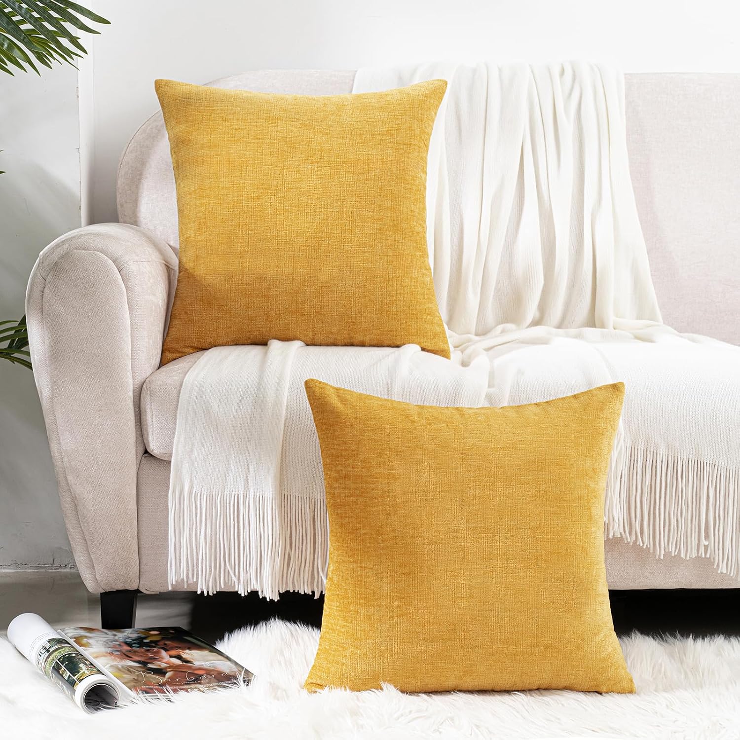 Hwy50 HWY 50 Mustard Yellow Couch Pillow Covers 20x20 Inch Pack of 2, Soft Chenille Decorative Throw Pillow Cases Farmhouse for Sofa Living…