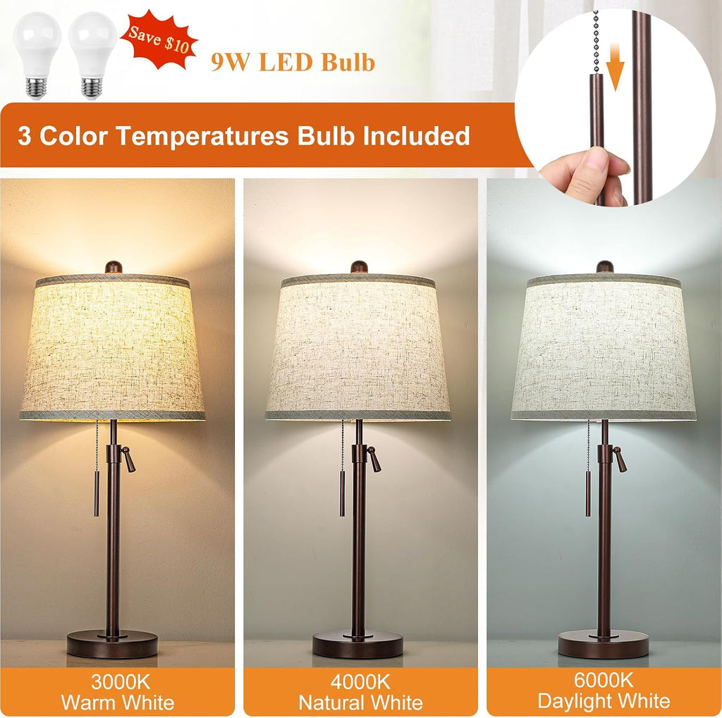 Table Lamps Set of 2, 22" to 30"Adjustable Height Bedside Lamps for Living Room 3 Color Temperatures Tall Nightstand Lamps Modern Brown…