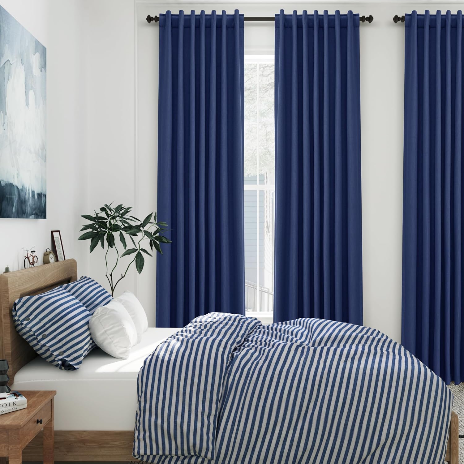 Nanspring Classic Blue 100% Blackout Linen Curtains 96 Inches Long for Bedroom Back Tab Thermal Insulated Modern Coastal Decor Black Out Cu…