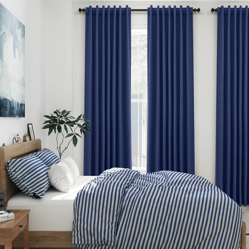 Nanspring Classic Blue 100% Blackout Linen Curtains 84 Inch Length 2 Panels Set for Bedroom Back Tab Modern Coastal Decor Black Out Curtain…