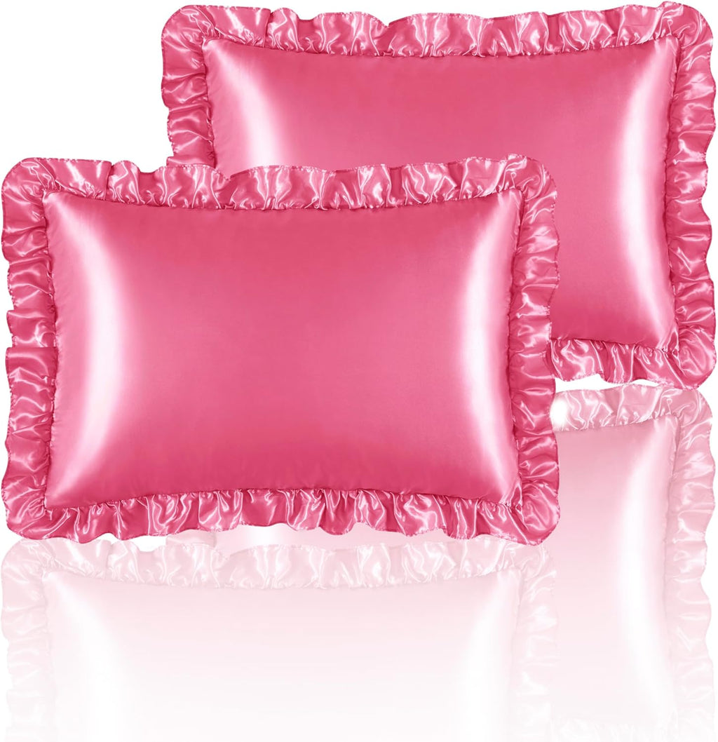 HommxJF Silky Satin Ruffled Pillow Cases for Hair and Skin, Peach Red Silk Pillowcases Queen Set of 2 with Envelope Closure Princess Room De…