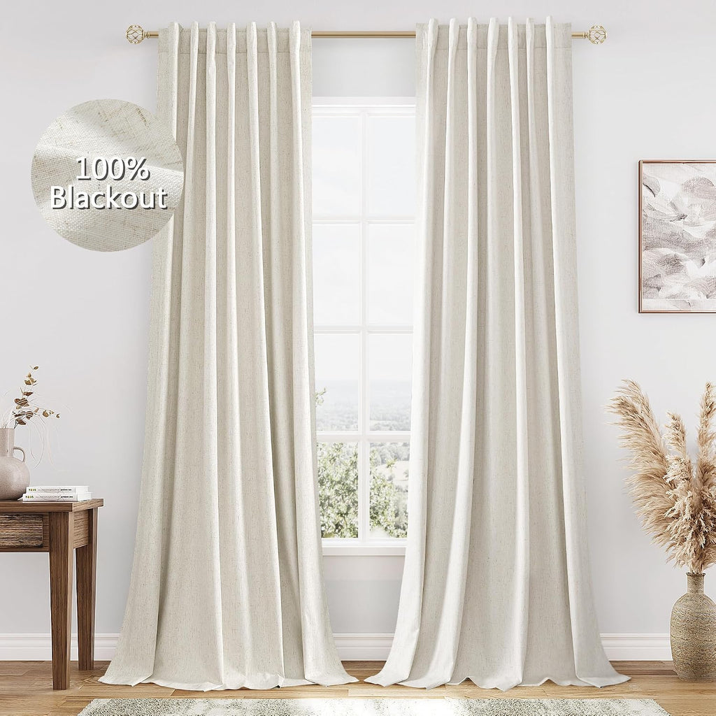 Guken Cream 100% Blackout Linen Curtains 90 Inch Length 2 Panels Set for Living Room Bedroom Back Tab Thermal Insulated Black Out Drapes Ro…