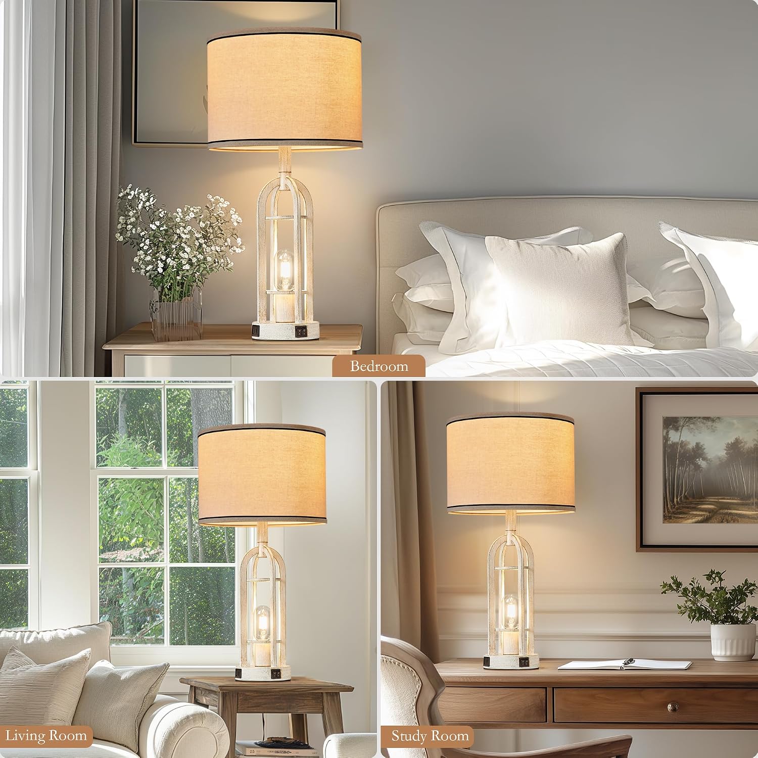 SRJJA Farmhouse Table Lamps for Living Room Set of 2 - Rustic Industrial Lamps for Night Stands with Night Light & USB A+C, 24" Vintage…