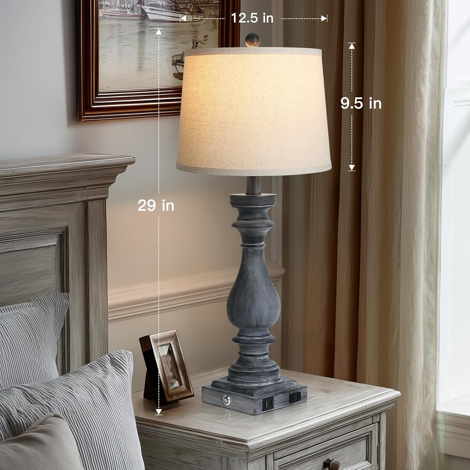 Cinkeda 29" Tall Farmhouse Table Lamp for Living Room Set of 2, Vintage Retro Nightstand Lamps with USB C+A Ports & AC Outlet,3-Way…