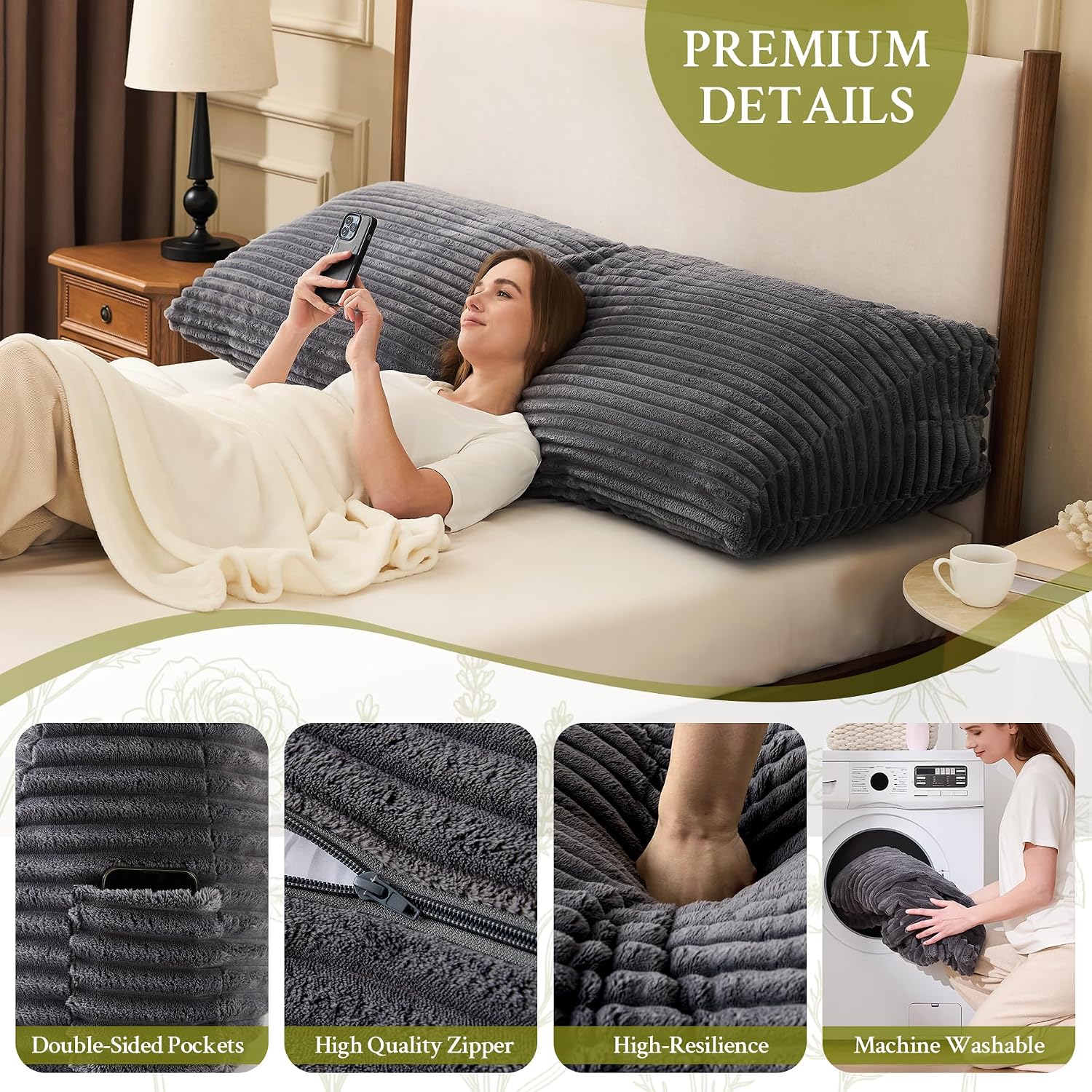 Zonamat Headboard Pillow Twin, Headboard Wedge Pillow, Back Rest Pillows for Sitting, Reading, Working, Triangle Pillow with Removable Cove…