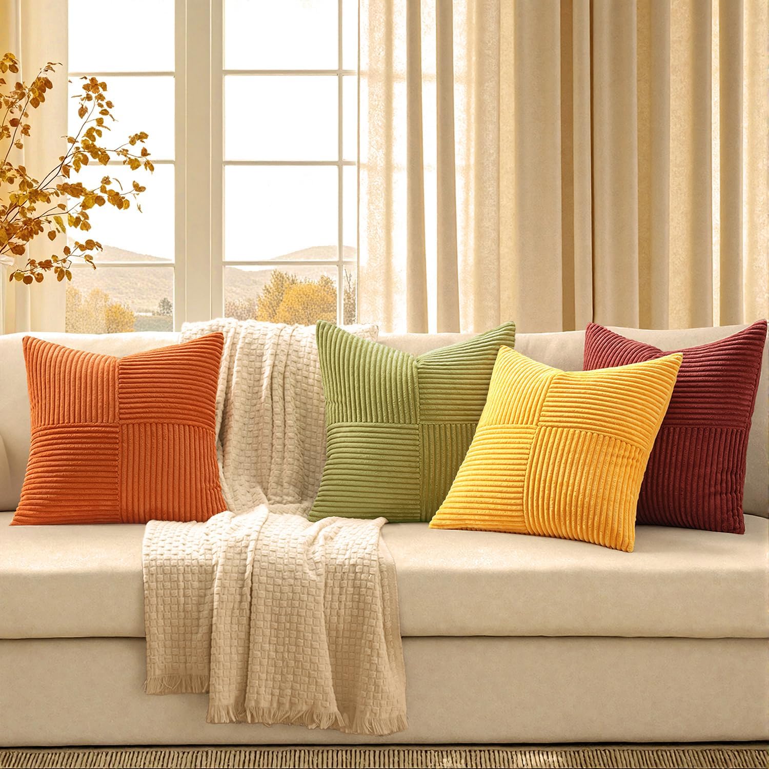 Miulee Yellow Orange Rust Throw Pillow Covers 18x18 Inch 4 Packs Boho Farmhouse Decorative Color-Clash Pillow Cases Soft Cushion Cases for…