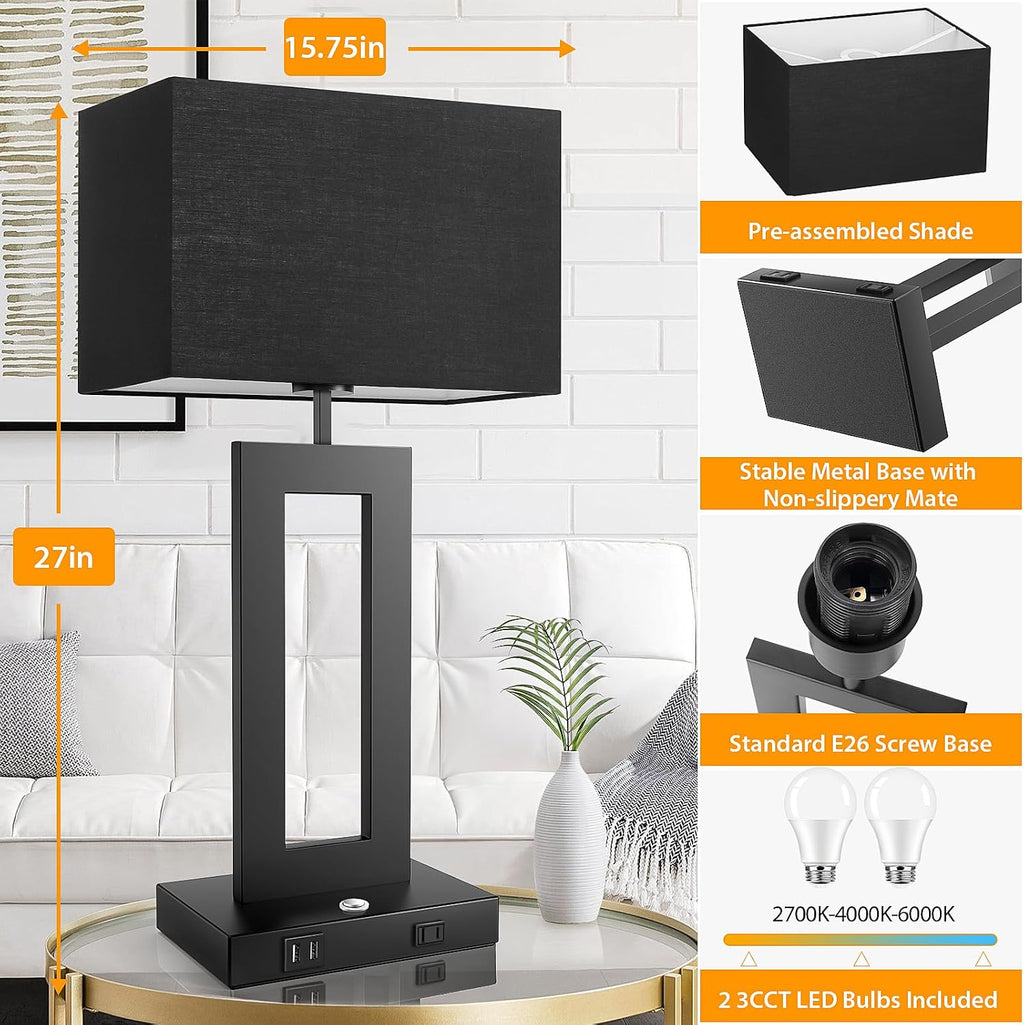27.2’’ Tall Black Table Lamps for Living Room Bedroom, Bedside Touch Control Lamps with 2 USB Ports&AC Outlet, 3 Color Temp.&Stepless…