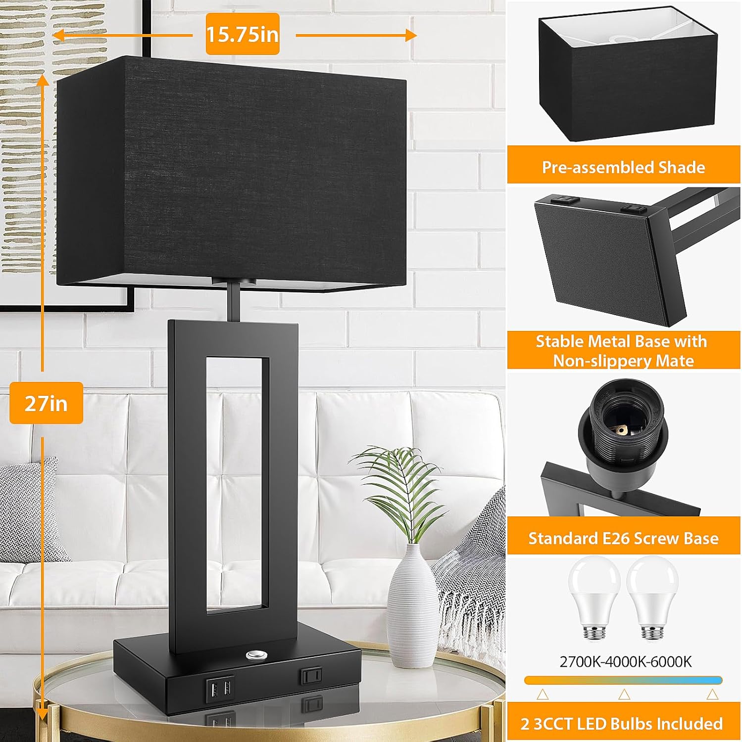 27.2’’ Tall Black Table Lamps for Living Room Bedroom, Bedside Touch Control Lamps with 2 USB Ports&AC Outlet, 3 Color Temp.&Stepless…