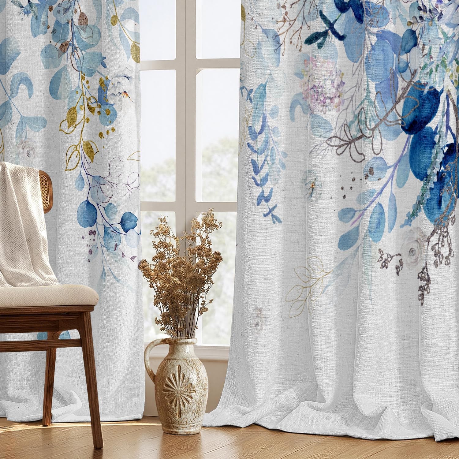 GOLDLAWN Blue and White Blackout Linen Textured Curtains for Bedroom Blue Floral Summer Thermal Insulated Grommet Room Darkening Cur…