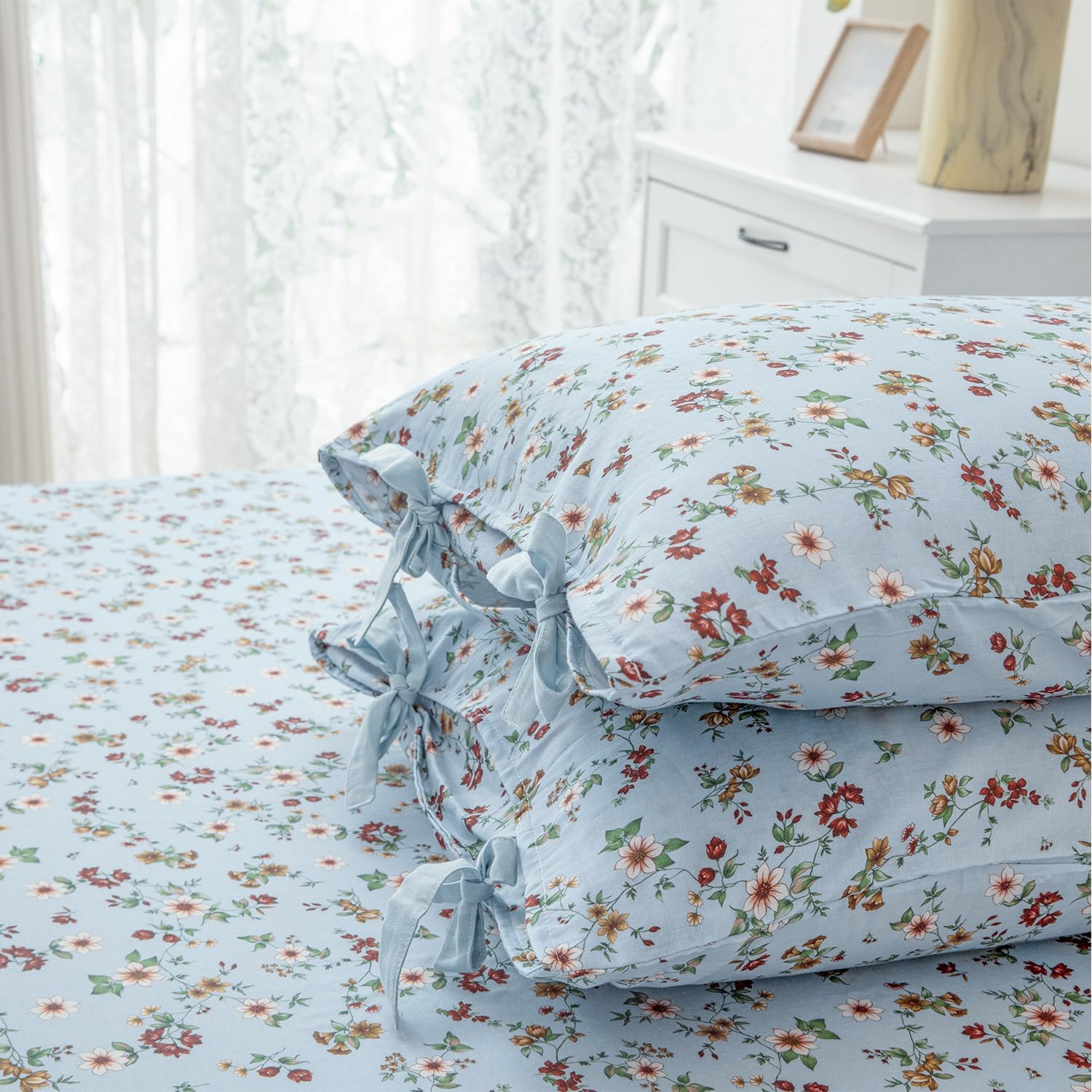 FADFAY Luxury Double Gauze Cotton Full Sheet Set, Vintage Wildflower Floral Muslin Sheets, Ultra Soft Breathable Cottagecore Floral Bed…