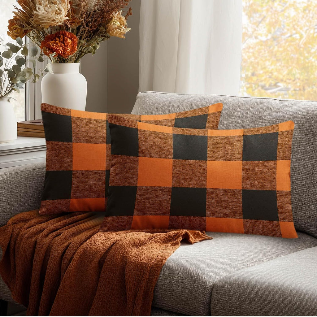 HOMETITUTE Pillow Covers Decorative Pack of 2 Satin 12x20 Inch Orange Black Buffalo Plaid Art Lumbar Throw Pillow Cases for Sofa Couch…