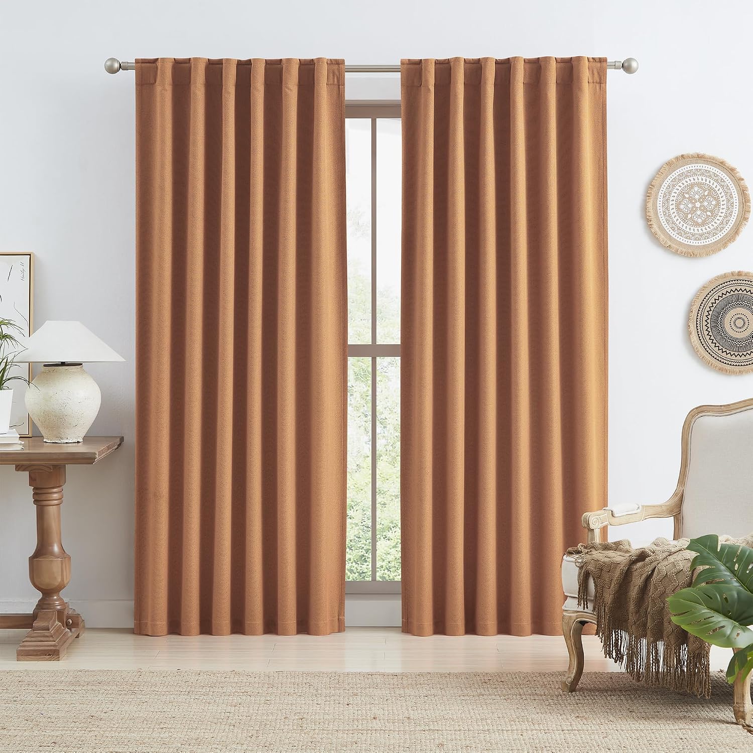 Keqiaosuocai Blackout Linen Curtains 2 Panels Set 84 Inch Length 7 FT for Living Room Hook Belt Back Tab Drapes Southwest Decor Boho Mid Ce…